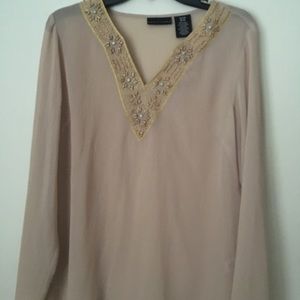 APOSTROPHE beige sheer TUNIC TOP with beaded neckline. Misses Small. NWOT